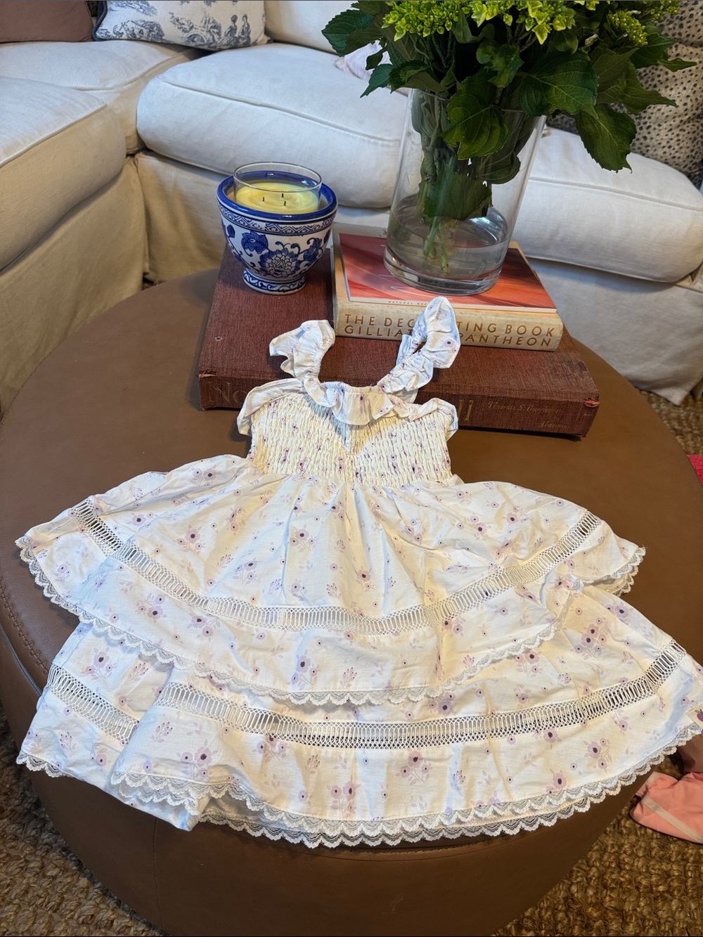 Gillia White Floral Ruffle Tiered Dress with Lavender Accents